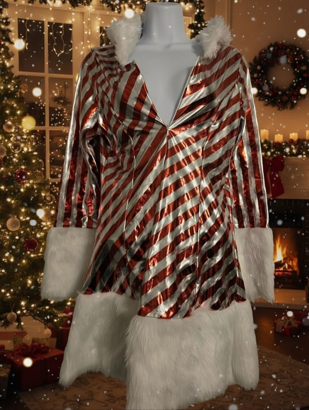 Festive Red & Silver Striped Midi Dress with Faux Fur Trim